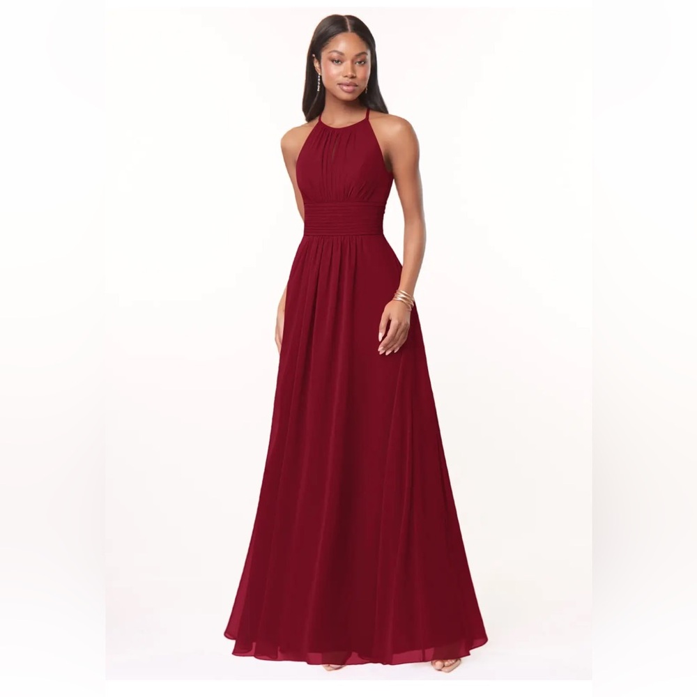 NWT AZAZIE Bonnie Burgundy Bridesmaid A-Line Keyhole Chiffon Maxi Dress size A4